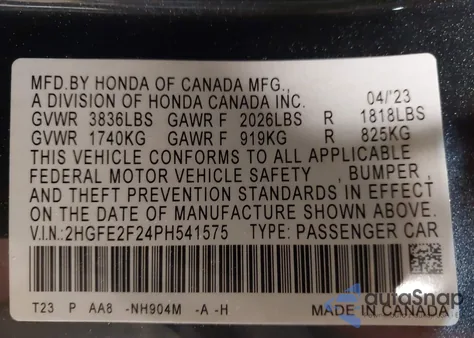 2023 Honda Civic Lx z USA, uszkodzony, nr VIN 2HGFE2F24PH541575